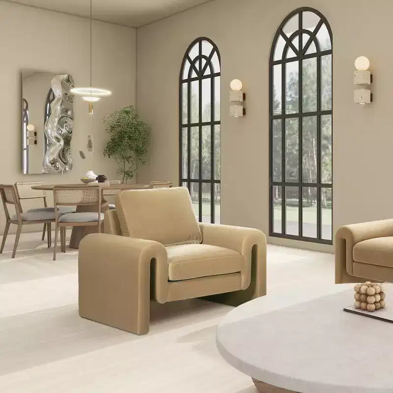 Fauteuil à accoudoirs incurvés 40, velours performant beige-chameau
