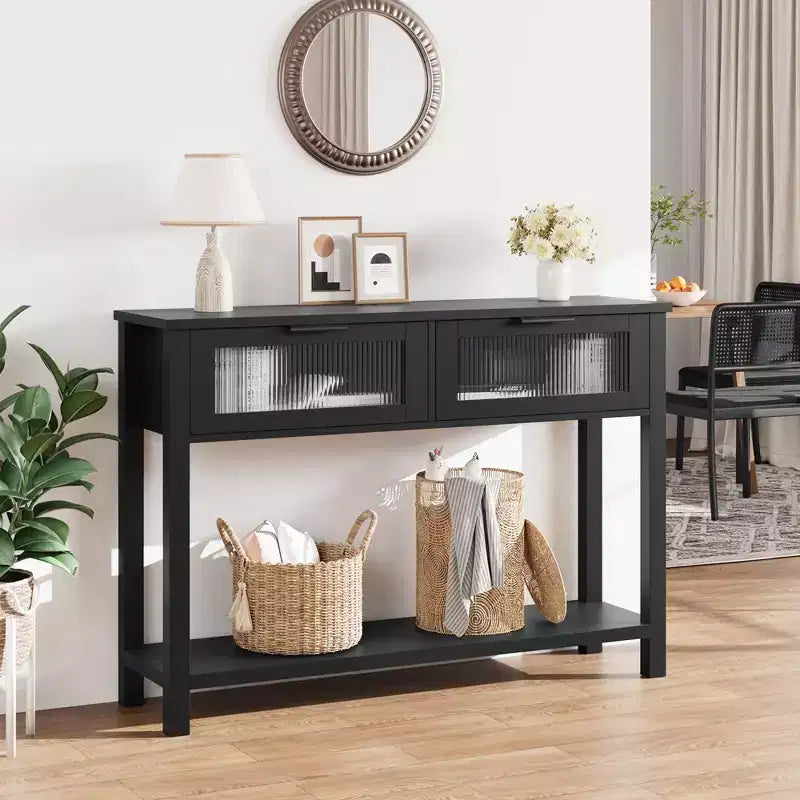 Whizmax Entryway Table, Wood Console Table with 2 Glass Drawers, 2 Tier Sofa Table with Storage for Living Room, Foyer Tables for Entryway