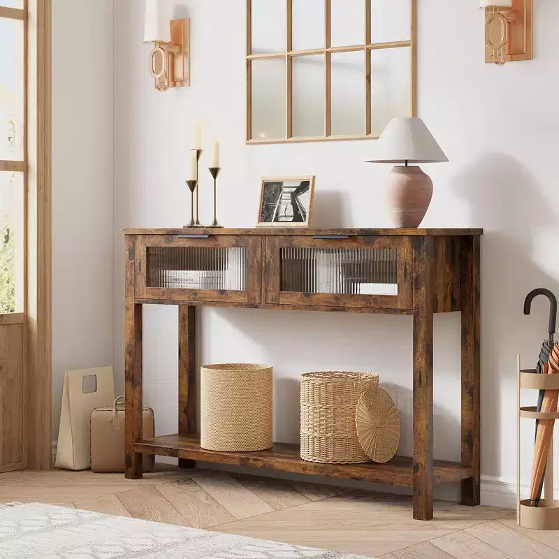 Table d'entrée, Console en bois avec 2 tiroirs en verre, Table de canapé à 2 niveaux avec rangement pour salon, Tables d'entrée pour vestibule