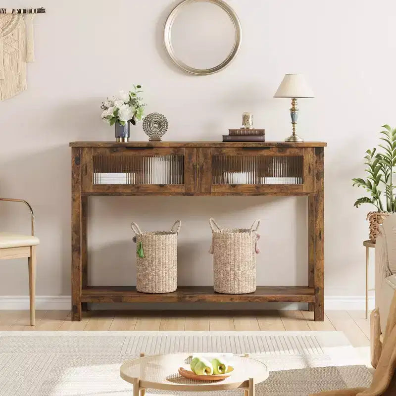 Table d'entrée, Console en bois avec 2 tiroirs en verre, Table de canapé à 2 niveaux avec rangement pour salon, Tables d'entrée pour vestibule