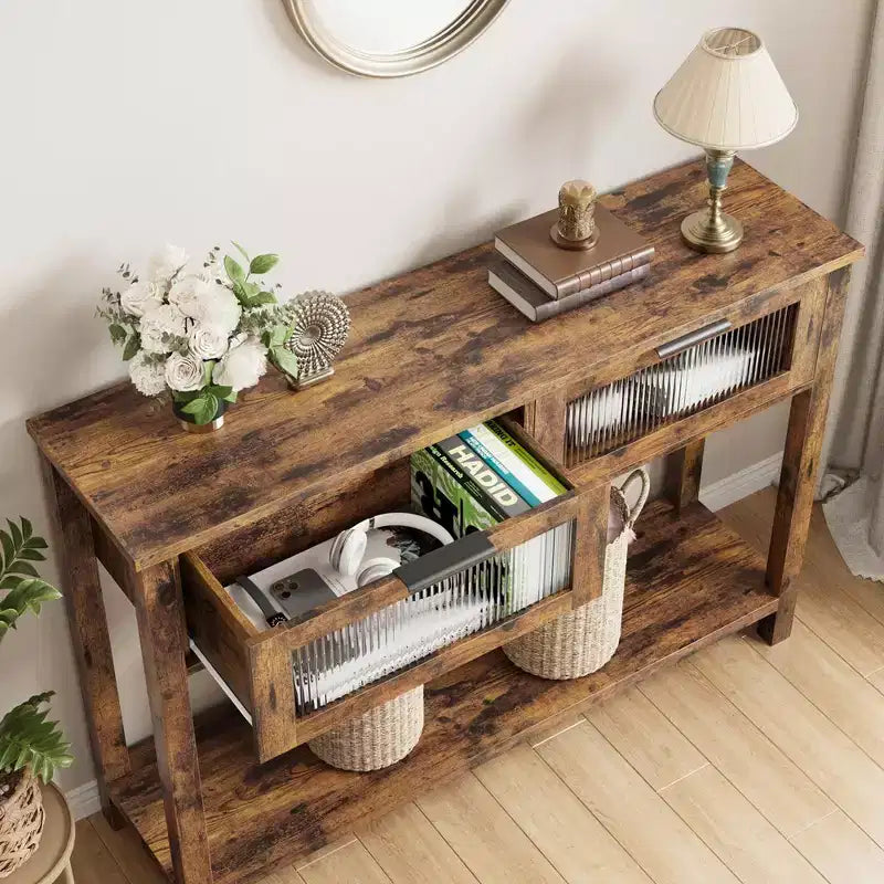 Table d'entrée, Console en bois avec 2 tiroirs en verre, Table de canapé à 2 niveaux avec rangement pour salon, Tables d'entrée pour vestibule