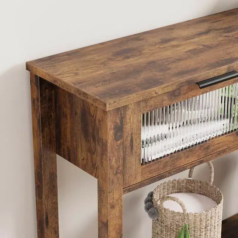 Table d'entrée, Console en bois avec 2 tiroirs en verre, Table de canapé à 2 niveaux avec rangement pour salon, Tables d'entrée pour vestibule