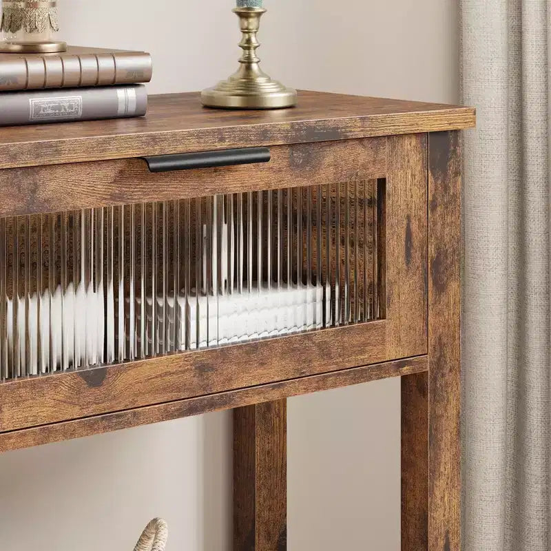 Table d'entrée, Console en bois avec 2 tiroirs en verre, Table de canapé à 2 niveaux avec rangement pour salon, Tables d'entrée pour vestibule