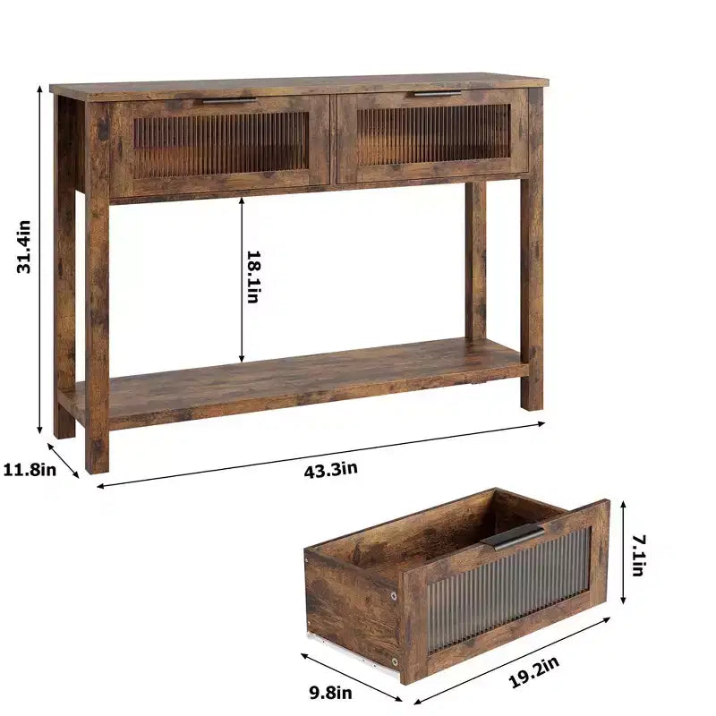 Table d'entrée, Console en bois avec 2 tiroirs en verre, Table de canapé à 2 niveaux avec rangement pour salon, Tables d'entrée pour vestibule