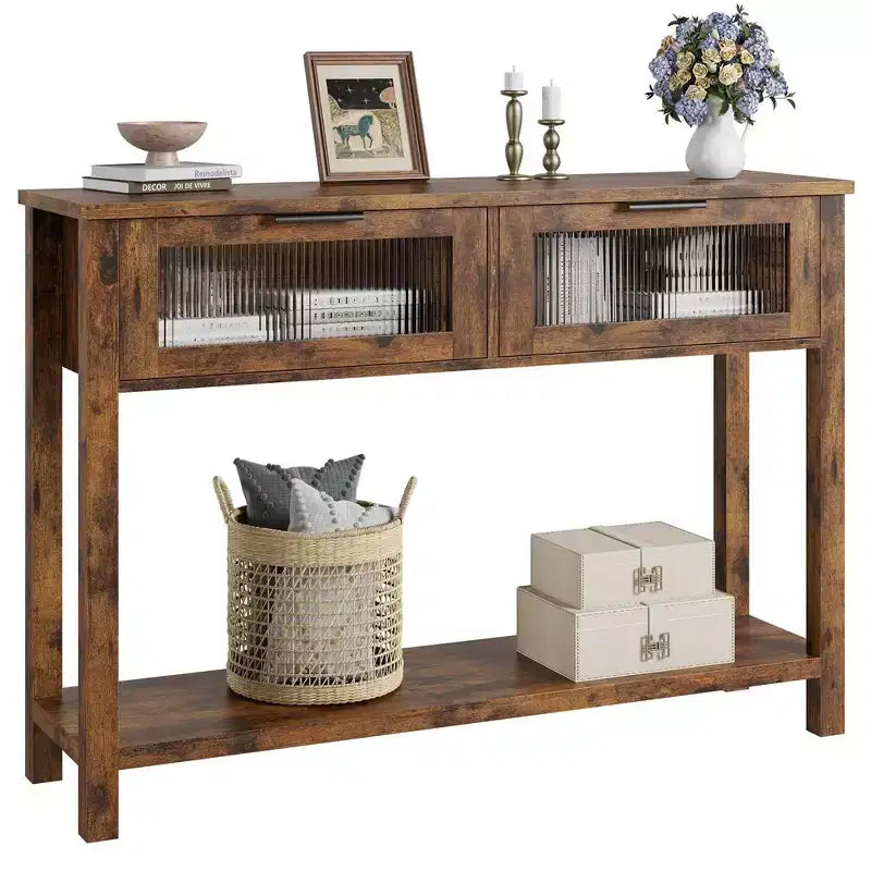 Table d'entrée, Console en bois avec 2 tiroirs en verre, Table de canapé à 2 niveaux avec rangement pour salon, Tables d'entrée pour vestibule