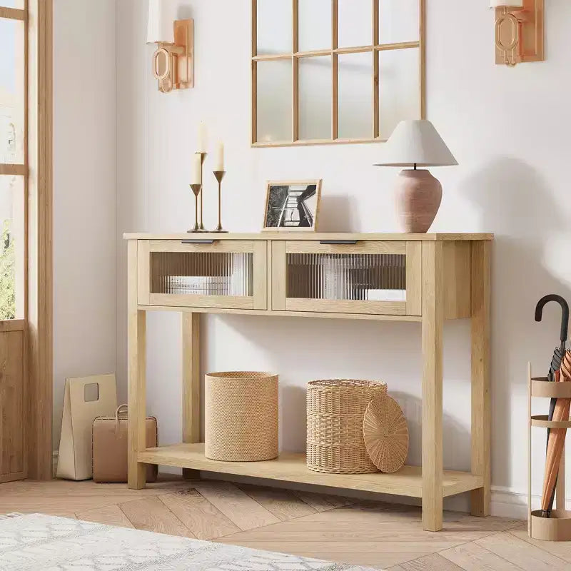 Table d'entrée, Console en bois avec 2 tiroirs en verre, Table de canapé à 2 niveaux avec rangement pour salon, Tables d'entrée pour vestibule