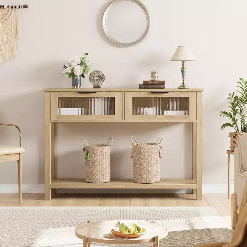 Table d'entrée, Console en bois avec 2 tiroirs en verre, Table de canapé à 2 niveaux avec rangement pour salon, Tables d'entrée pour vestibule