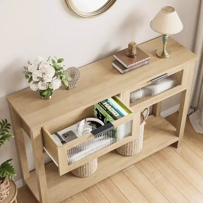 Table d'entrée, Console en bois avec 2 tiroirs en verre, Table de canapé à 2 niveaux avec rangement pour salon, Tables d'entrée pour vestibule
