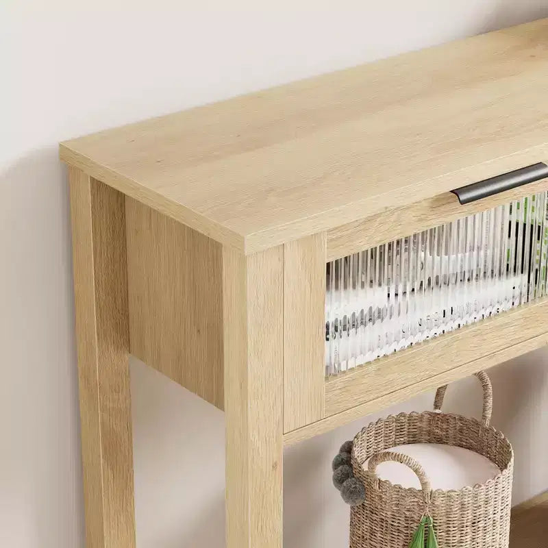 Table d'entrée, Console en bois avec 2 tiroirs en verre, Table de canapé à 2 niveaux avec rangement pour salon, Tables d'entrée pour vestibule