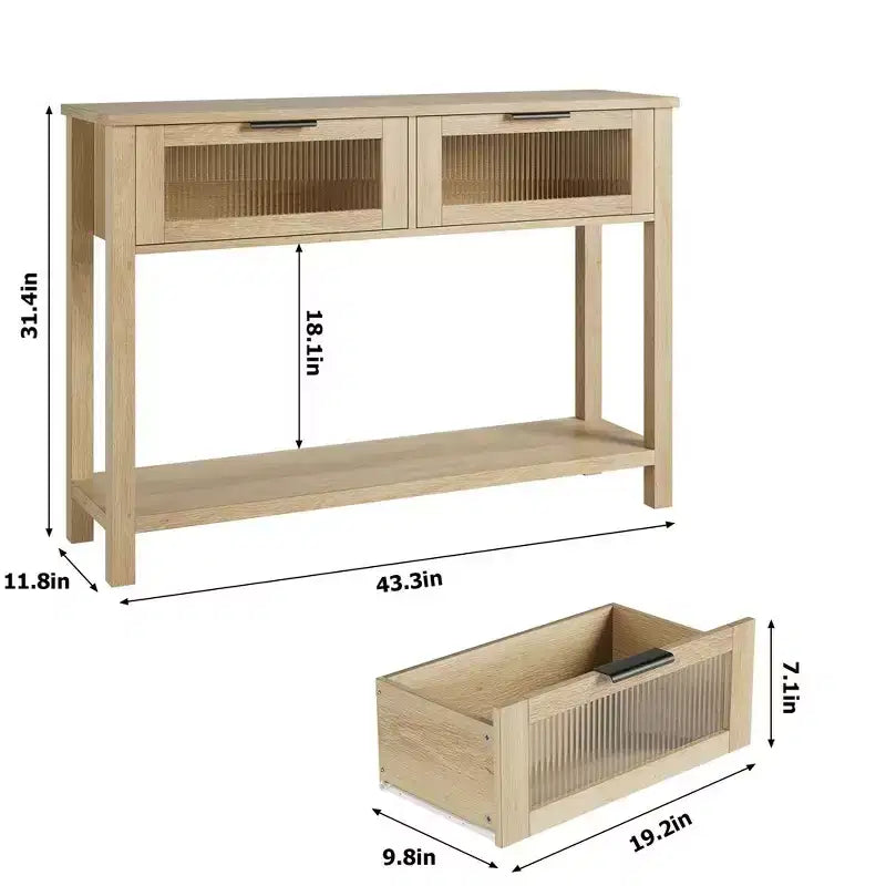 Table d'entrée, Console en bois avec 2 tiroirs en verre, Table de canapé à 2 niveaux avec rangement pour salon, Tables d'entrée pour vestibule