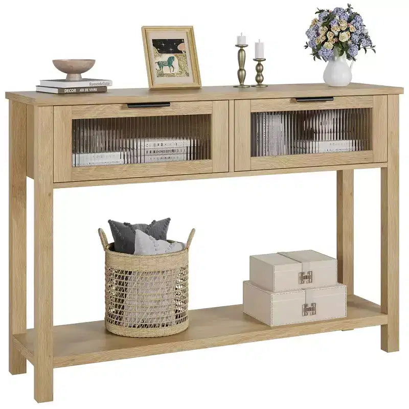 Table d'entrée, Console en bois avec 2 tiroirs en verre, Table de canapé à 2 niveaux avec rangement pour salon, Tables d'entrée pour vestibule