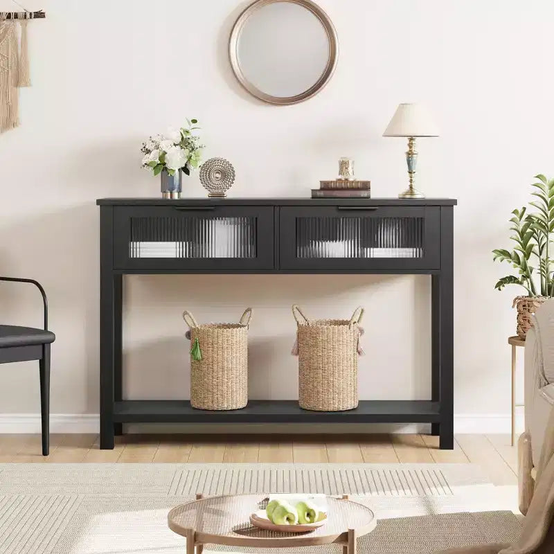 Table d'entrée, Console en bois avec 2 tiroirs en verre, Table de canapé à 2 niveaux avec rangement pour salon, Tables d'entrée pour vestibule