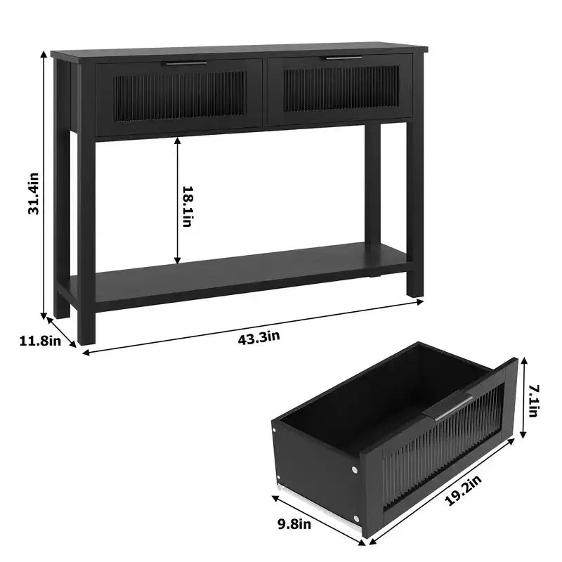 Table d'entrée, Console en bois avec 2 tiroirs en verre, Table de canapé à 2 niveaux avec rangement pour salon, Tables d'entrée pour vestibule