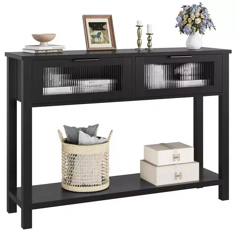 Table d'entrée, Console en bois avec 2 tiroirs en verre, Table de canapé à 2 niveaux avec rangement pour salon, Tables d'entrée pour vestibule
