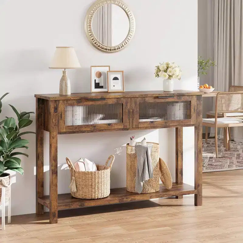 Table d'entrée, Console en bois avec 2 tiroirs en verre, Table de canapé à 2 niveaux avec rangement pour salon, Tables d'entrée pour vestibule