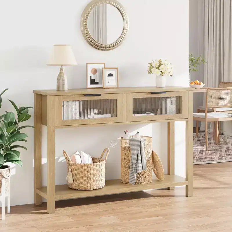 Table d'entrée, Console en bois avec 2 tiroirs en verre, Table de canapé à 2 niveaux avec rangement pour salon, Tables d'entrée pour vestibule